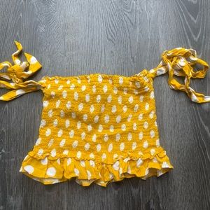 Yellow off the shoulder tie yellow with white polka dots